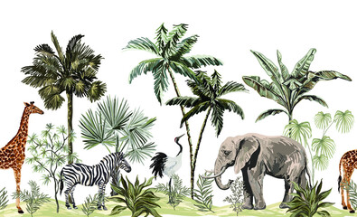 Tropical vintage botanical landscape, palm tree, plant, palm leaves, sloth, giraffe, elephant, crane, zebra. Seamless floral border. Jungle animal wallpaper.

 - obrazy, fototapety, plakaty