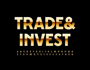 Vector business logo Trade and Invest. Gold modern Font. Elite Alphabet Letters and Numbers set