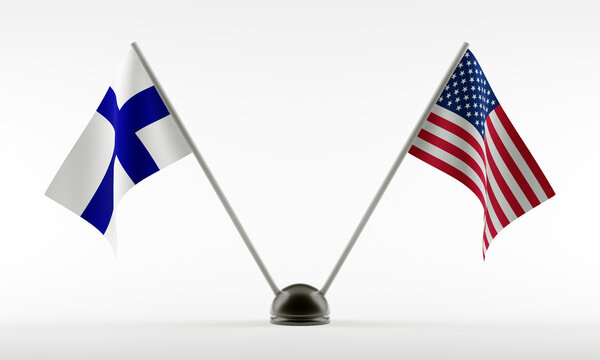 Stand with two national flags. Flags of Finland and USA. Isolated on a white background. 3d rendering