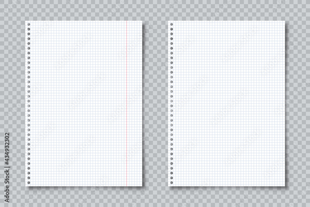 Wall mural realistic blank lined paper sheets in a4 format on transparent background. notebook page, document. 