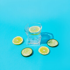 Lemon in a glass of water and around a glass of lemon and cucumber. Blue background.