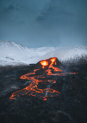 Iceland Volcanic eruption 2021. The volcano Fagradalsfjall is located in the valley Geldingadalir close to Grindavik and Reykjavik. Hot lava and magma coming out of the crater.