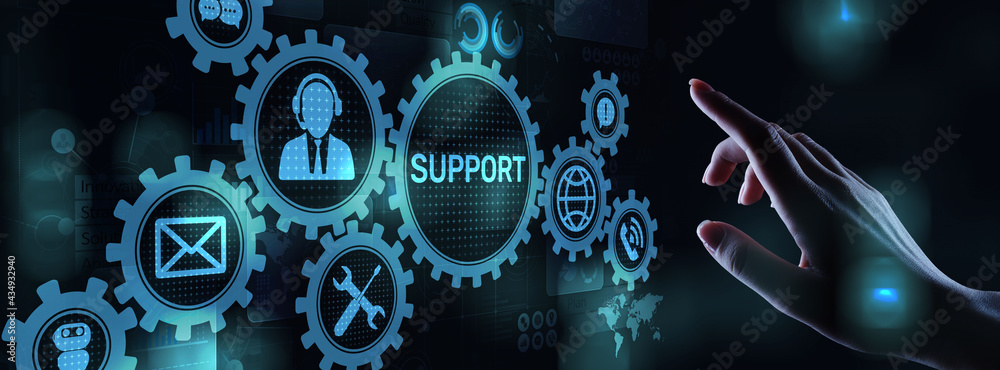 Poster support button on virtual screen. customer service and communication concept