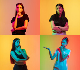 Portraits of group of people on multicolored background in neon light, collage.