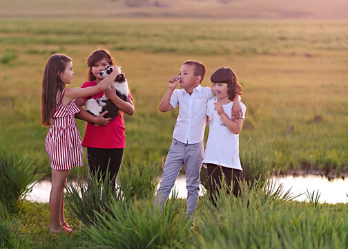 Happy Kids in Nature. The concept of schoolchildren's summer vacation. Two girls stroking a dog, a boy and a girl hugging each other, enjoying the smell of flowers.  