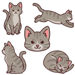 Fototapeta na wymiar Set of simple and adorable Gray Tabby cat illustrations outlined