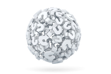 3d render illustration. A lot of question marks forming a sphere on a white background.