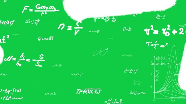 Math and physics formulas. Seamless loop animation on chroma key, 16 bit depth. Handwritten mathematics equations and geometric shapes flying away.