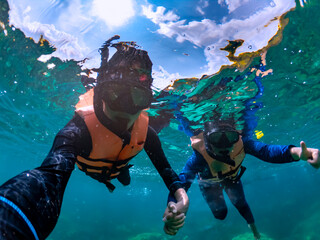 Happiness couple taking selfie under tropical sea by water camera while excursion - Image