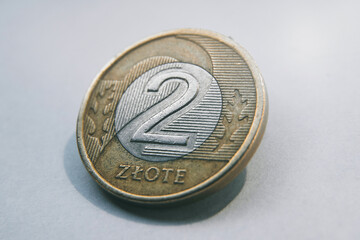 Polish Money two zloty silver with copper coin. Isolated poland currency on white background