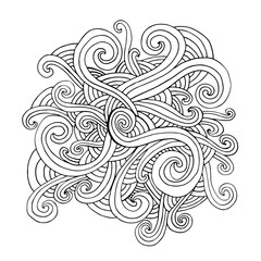 Doodle waves curly element coloring page, isolated on white.