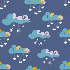 Sweet Night Sky With Clouds, Hearts And Stars Repeat Pattern In Blue