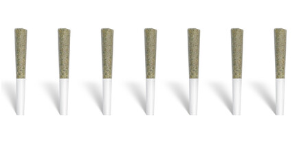 Cannabis prerolls standing vertically on a white background with a perspective shadow behind - obrazy, fototapety, plakaty