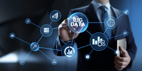 Big Data Analysis Analytics internet technology concept. Businessman pressing button on screen