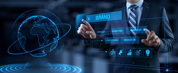 Brand development marketing strategy concept. Businessman pressing button on screen - obrazy, fototapety, plakaty