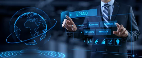 Fotobehang Brand development marketing strategy concept. Businessman pressing button on screen © Murrstock
