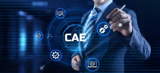 CAE Computer-aided engineering software system concept. Businessman pressing button on screen