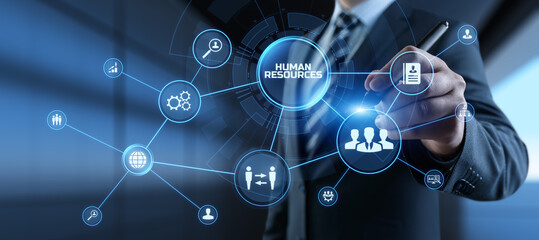 HR Human resources management Recruitment Headhunting. Businessman pressing button on screen