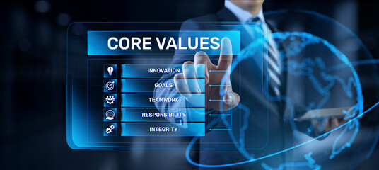 Core values Responsibility Innovation. Businessman pressing button on screen