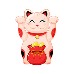 Japanese cat maneki Neko with raised paws and a bag of gold coins. Cute lucky cat. A symbol of wealth. Vector illustration. Vector illustration
