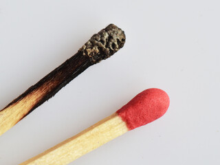 Concept of social distancing during Covid 19 pandemic. A burnt and a fresh match stick.