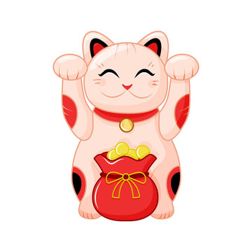 Japanese cat maneki Neko with raised paws and a bag of gold coins. Cute lucky cat. A symbol of wealth. Vector illustration. Vector illustration