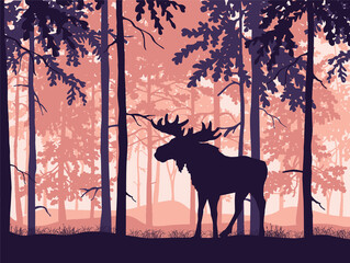 Moose with antlers posing, forest background, silhouettes of trees. Magical misty landscape. Black, pink, orange illustration.