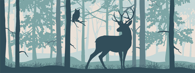 Horizontal banner of forest landscape. Deer with antlers in magic misty forest. Owl on branch. Silhouettes of trees and animals.