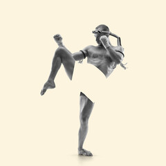 Modern design, contemporary art collage. Sport. Professional male martial arts fighter on light background.