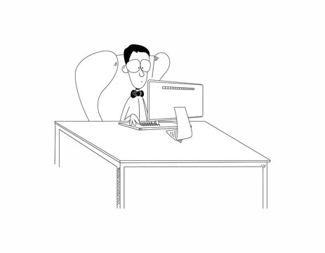 Funny cartoon man or nerd boy sit in chair at desk working on computer. Funny guy clerk or student with bow tie and glasses looks at monitor.Raster illustration like sketch in black and white