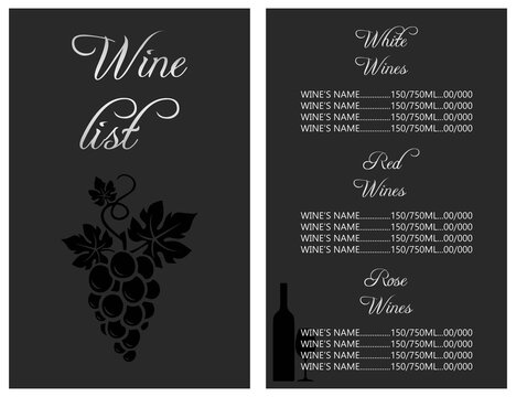 Illustartion Wine card wine list business card pricelist for wine bar restaurant on the dark background with silver text	
