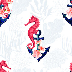 Beautiful seamless vector tropical pattern with corals, sea horse, anchor, hibiscus, ropes. Abstract geometric texture. Perfect for wallpapers, web page backgrounds, surface textures, textile.
