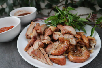grilled pork , pork steak and grilled chitterlings