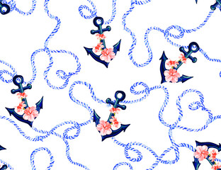 Beautiful seamless vector tropical pattern with corals,  sea, hibiscus, ropes. Abstract geometric texture. Perfect for wallpapers, web page backgrounds, surface textures, textile.  © Hanna Kh