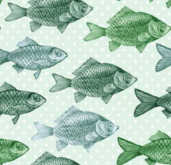 Texture from hand drawn large fish with scales. Carps, perches and dorado in a seamless pattern for textiles and fashion designs