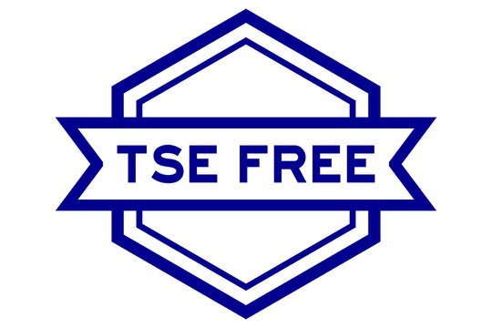 Vintage hexagon label banner with word TSE (Transmissible Spongiform Encephalopathy) free in blue color on white background