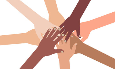 Multi-ethnic Diverse Hands Putting Together, Isolated on White Background. Vector Illustration