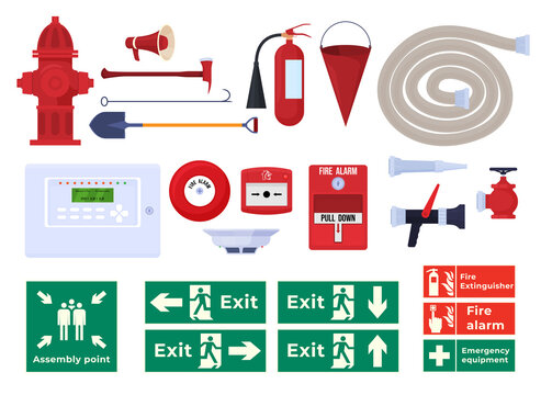 various fire extinguishers, ax, fire hydrant. Fire alarm, evacuation signs.