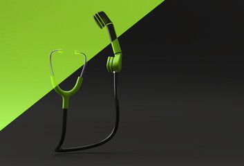 3D Render Concept of Phone receiver with Stethoscope concept of Emergency Call.