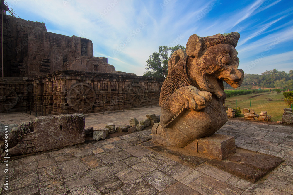 Poster Ancient sandstone carving of lion at the ancient Indian 13th centurySun temple of Konark, Odisha, India.