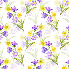 Floral seamless pattern with leaves and bluebells flowers watercolour. Hand drawn illustration in vintage style on white	