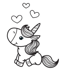 Vector cute unicorn cartoon, black silhouette for coloring.