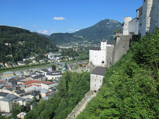 Fototapeta na wymiar Hohensalzburg Fortress in Salzburg, Austria, Where the Peasants Tried to oust the Ruling Prince Looking over the Salzach River valley