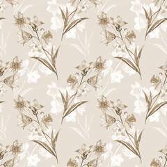 Floral seamless pattern with leaves and bluebells flowers watercolour. Hand drawn illustration in vintage style on sepia	
