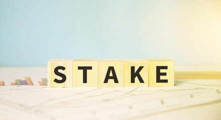 STAKE word written on wood block. financial concept.