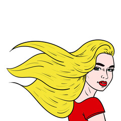 blonde comic woman looking sideways with hair blowing in the wind. isolated, vector.