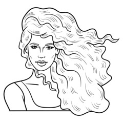 comic woman with curly hair blowing in the wind. monochrome, outline, vector.