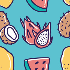 pattern of dragon fruit around various fruits doodle