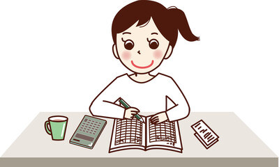家計簿をつけている若い女性。