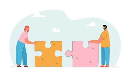 Fototapeta premium Tiny man and woman putting together giant puzzle. Flat vector illustration. Couple building relationship, holding puzzle pieces fitting together. Love, relationship, romance concept for banner design